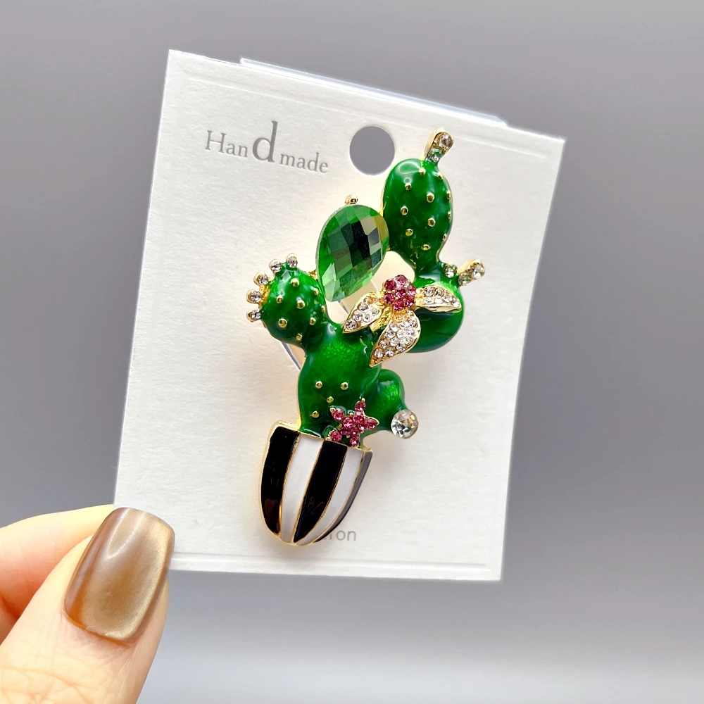 Lovely Enamel Cactus Flower Brooches For Lady Women Rhinestone Pot-Plants Clothes Pins Badge Accessories