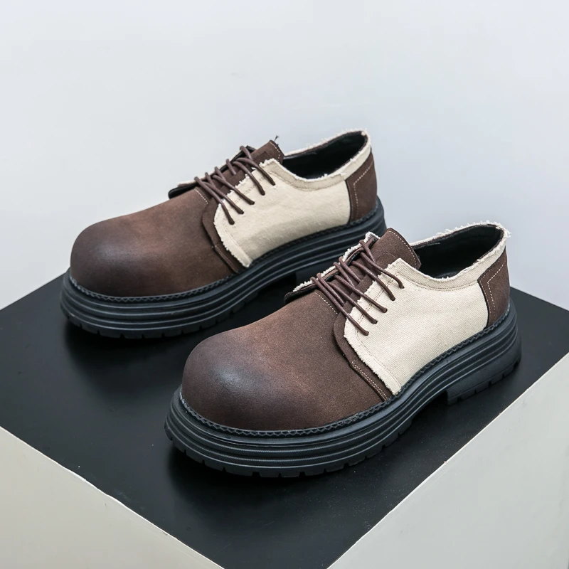 Street Trend Wear-resistant Lace Up Men's Workwear Shoes Leather Casual Shoes Spliced Black Brown Men's Oxford Business Shoes