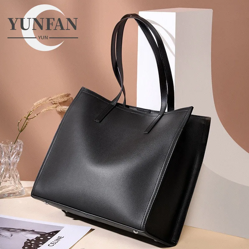 

New Genuine Leather Soft Cowhdie Minimalism Women Bucket Bag Elegant French Style Lady Large Tote Bag Luxury Thick Cowhidel Bag