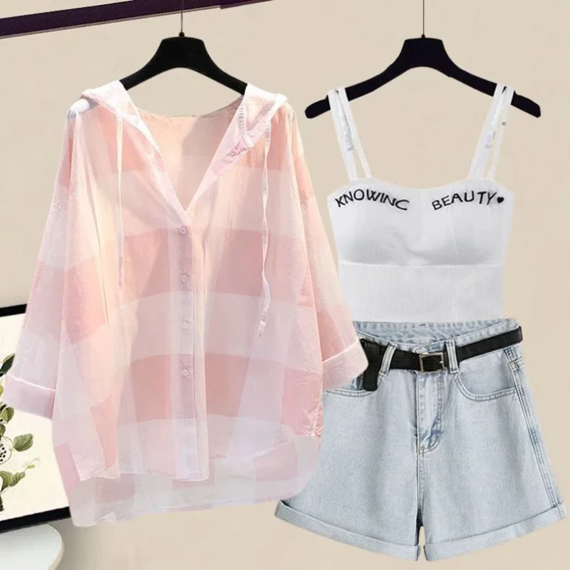 Fashion Set for Women's Summer New Item Age Reducing Sun Protection Shirt Camisole Slimming Denim Shorts Three Piece Set