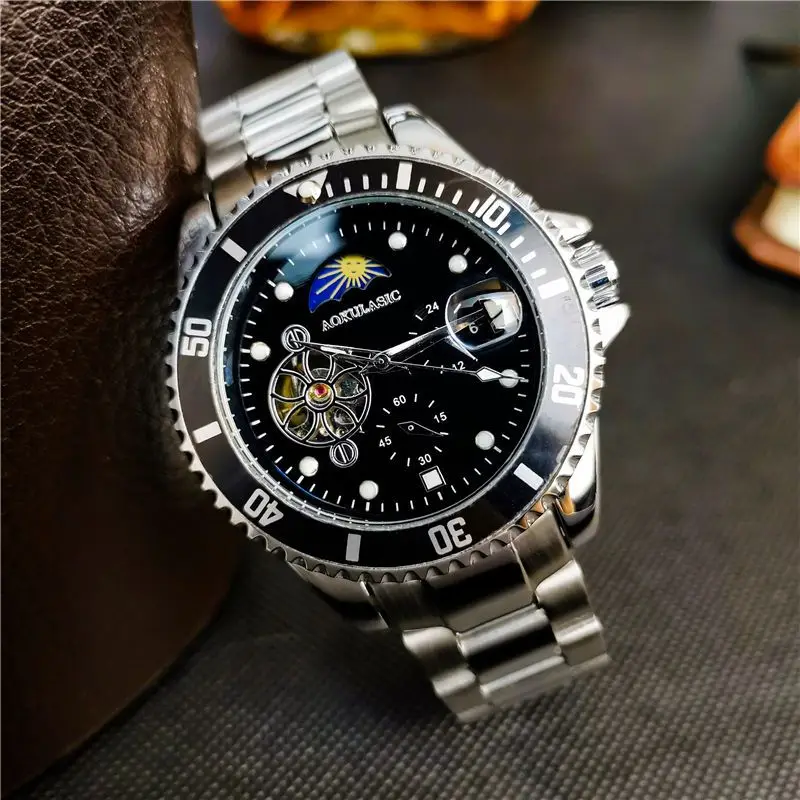 Tourbillon Moon Phase Skeleton Mechanical Watches Rotating Bezel Luminous Dial Luxury Automatic Mens Watch Stainless Steel Strap