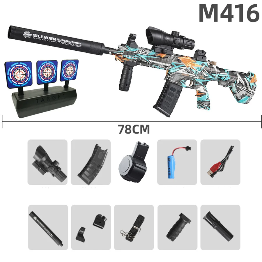 M416 الأزرق ديناصور الجلد مسدس لعبة اليد التلقائي الكهربائية إطلاق مستمر هلام قنبلة متعددة الألوان اختياري لعبة الهدايا