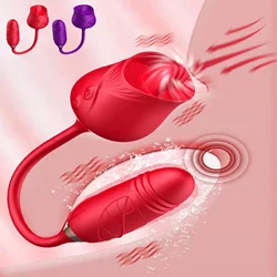 Women Masturbator 2 in 1 Tongue Licking Rose Flower Clitoris Stimulator Thrusting Dildo Vibrator Nipple G Spot Orgasm Massager