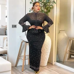 Plus Size Turkey Wedding Party Dresses African Clothes for Women 2 PCS Sets Tops and Skirts Suits Dashiki Ankara Denim Outfit