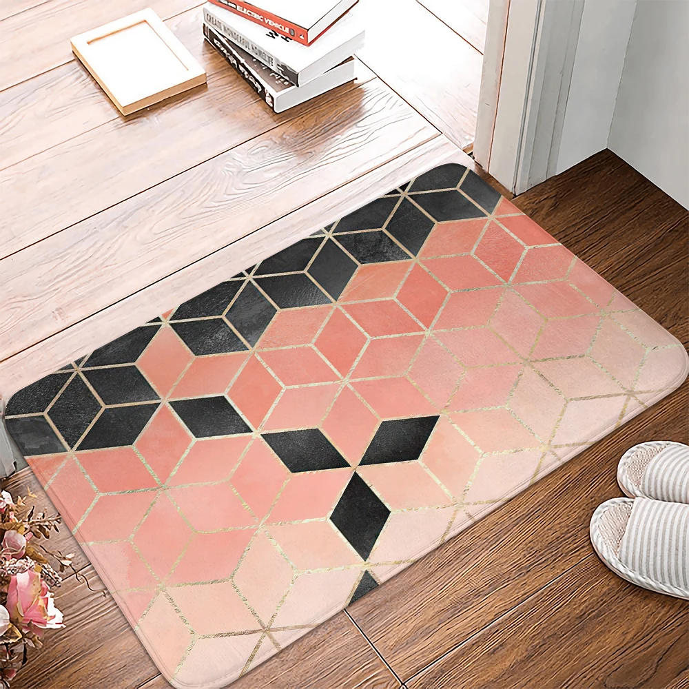 Black pink geometric pattern Carpet Entrance Doormat Bath Floor Rugs Absorbent Mat Anti-slip Kitchen Rug for Home Decorative