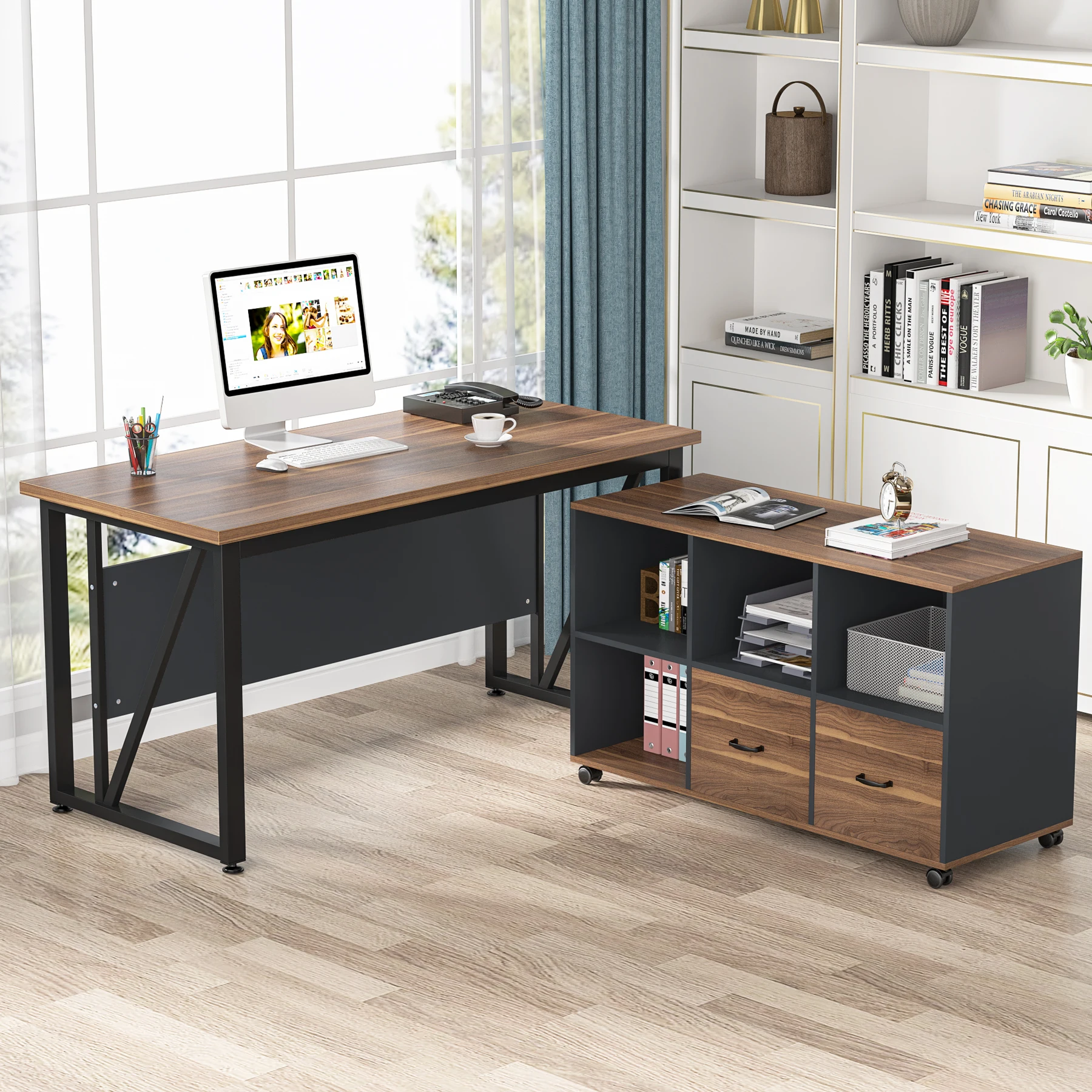 Tribesigns 55 inches Computer Desk with Bottom Stoage ShelfHome Office Desk Writing Table for Workstation,Dark Walnut&Steel Legs