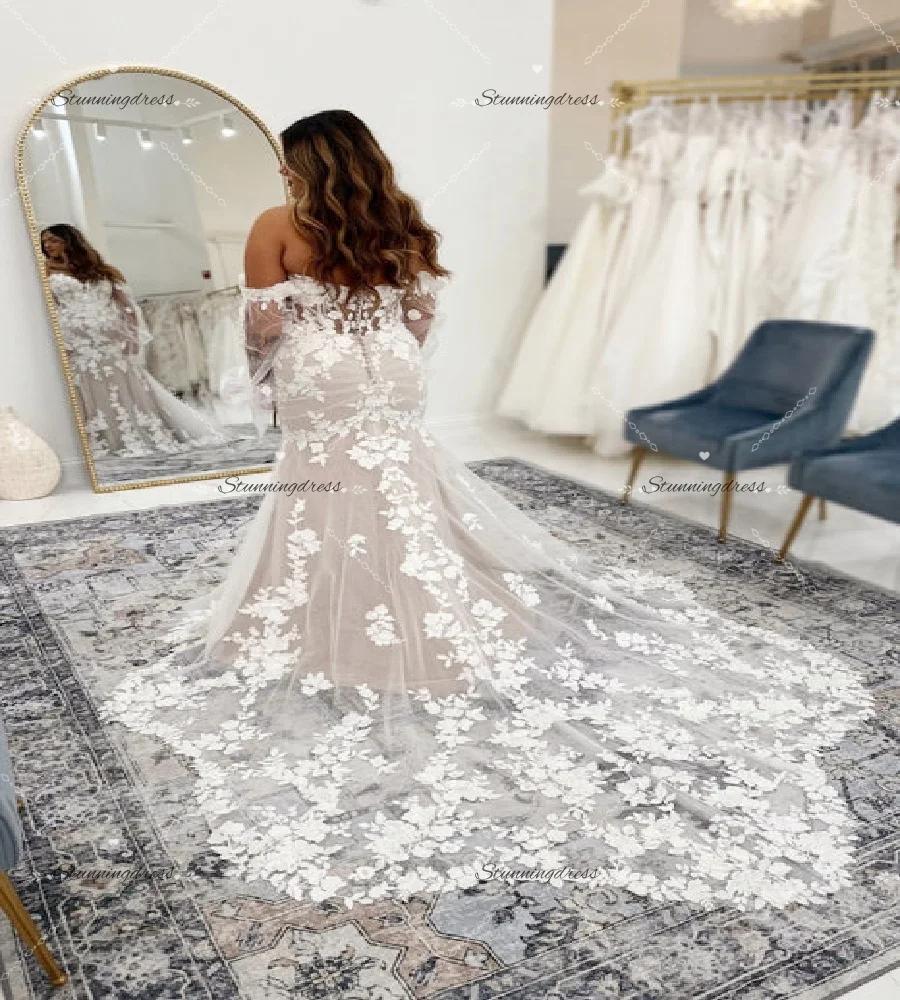Whimsical Champagne Plus Size Wedding Dress With Lace Chapel Train Elegant Long Sleeve Bohemian Country Bridal Gowns 2026 Garden