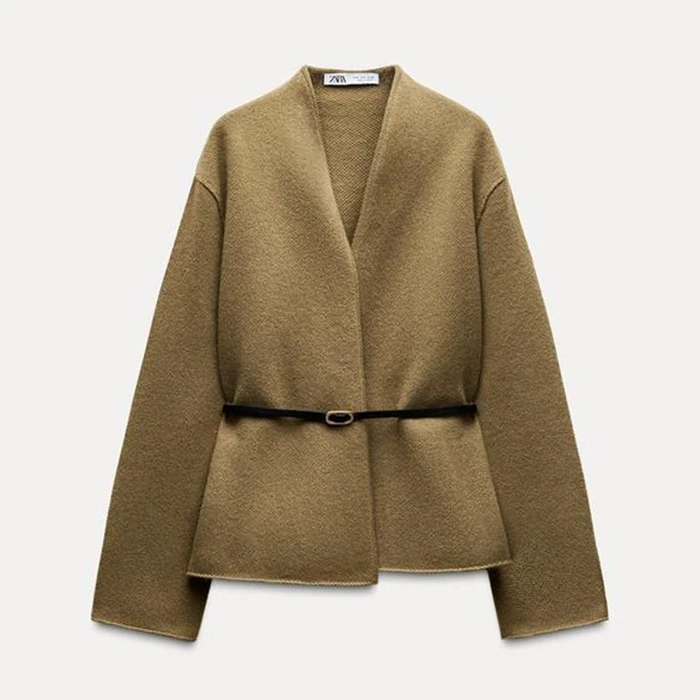 

Coat YY2588 Autumn/Winter New Product Women's Clothing Style Wool Blended with Belt Decoration Long Sleeve V-neck Knitted Jacket