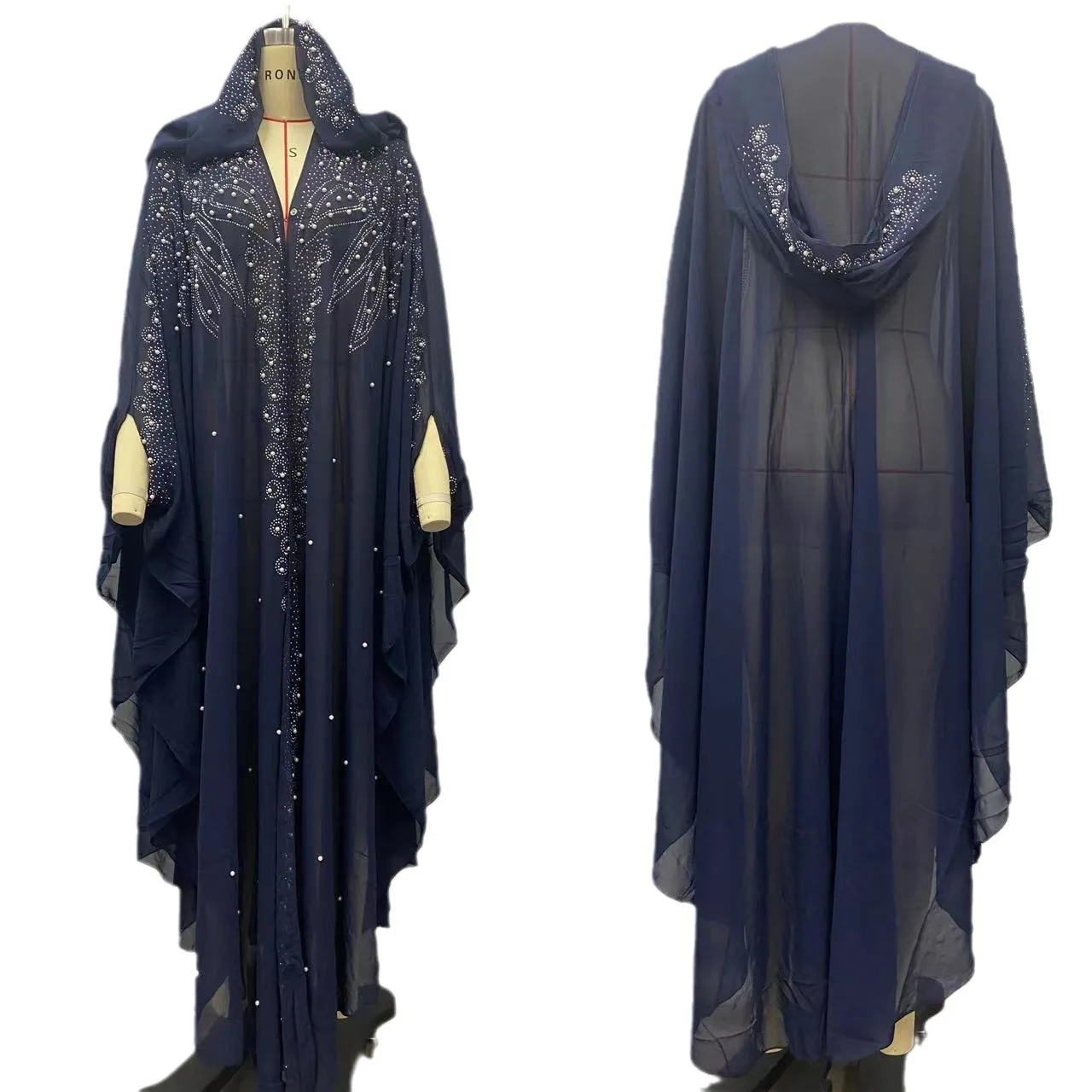 Women's Summer Middle East Africa Long Robe Hot-Stamped Rhinestone Polyester Muslim Shawl Hooded Cape Dress