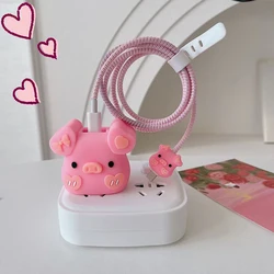 3D Cartoon Pig Silicone Charging Cable Protector Case Cover For iPhone 11 13 14 15 16 Pro Max Charger Head Protection Winder Kit