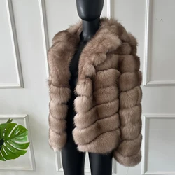 Chaqueta de piel de zorro para mujer, abrigo de piel auténtica, chaquetas largas para mujer, cuello de traje, abrigo de piel de zorro Natural de invierno más vendido