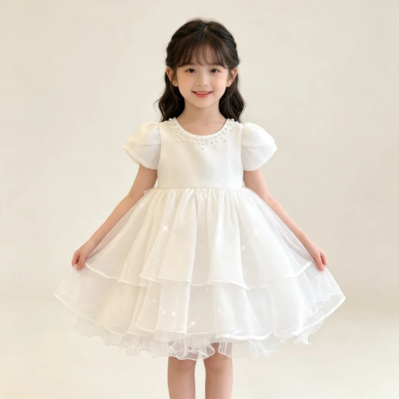 New Children White Cake Tutu Formal Princess Gown Baby Girls First BirthdayGirl Host Dress Costume Party Elegant Simple Flower