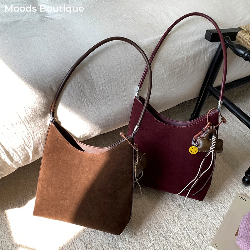 MOODS 2025 خريف جديد بولي Suede حقائب اليد للنساء لون نقي سعة كبيرة تخفيف المتسوق حقيبة الكتف الجسم مع قلادة