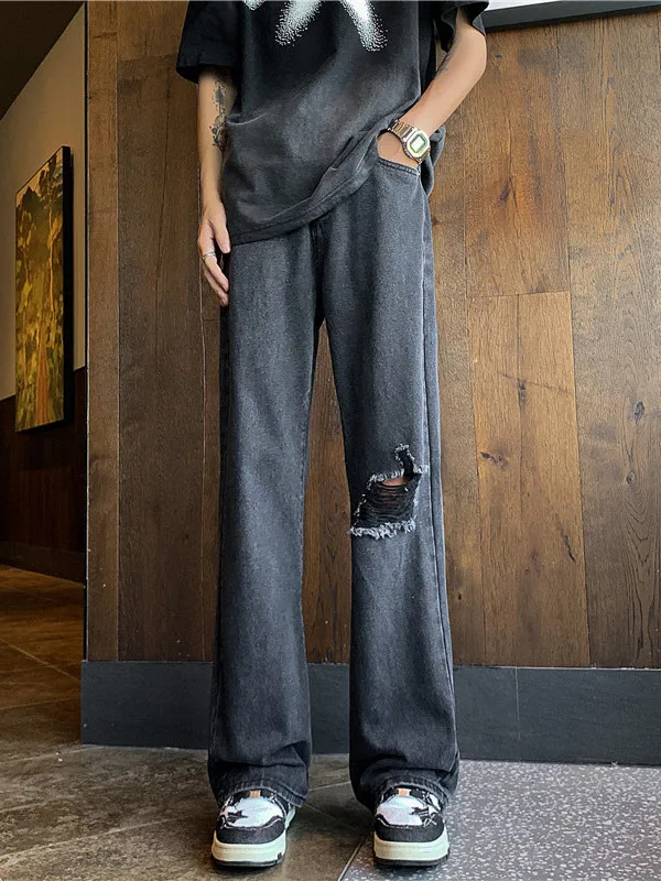 

Мужские джинсы Bla Hole Denim в стиле Hong Kong High Street INS, прямые, свободные, длинные, летние, тонкие, модные, с эффектом потертости, в пол