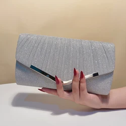 Golden Classic Simple Woman Charm Clutch Bags Glitter Shiny Evening Bag Banquet Party Handbag Metal Chain Crossbody Bag