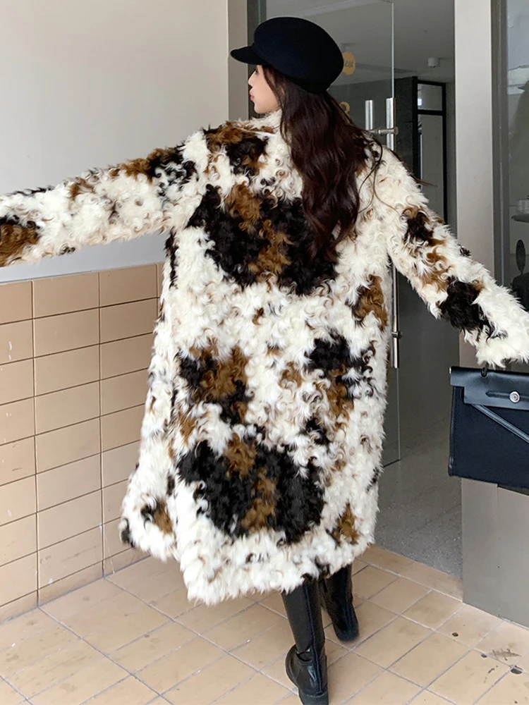 YERMORA Maillard Style Warm Fake Fur For Women Lapel Long Sleeve Fashion Tide Color-block Coat Autumn Winter 2024 New A81