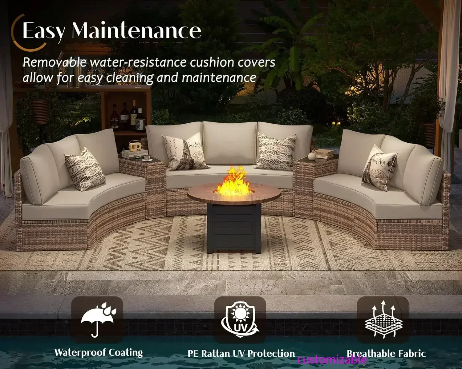 

Hot-sellingPatio Conversation Set,11 Piece Half-Moon Sectional Round Patio Furniture Set with Large Storage Wedge Table,for Back