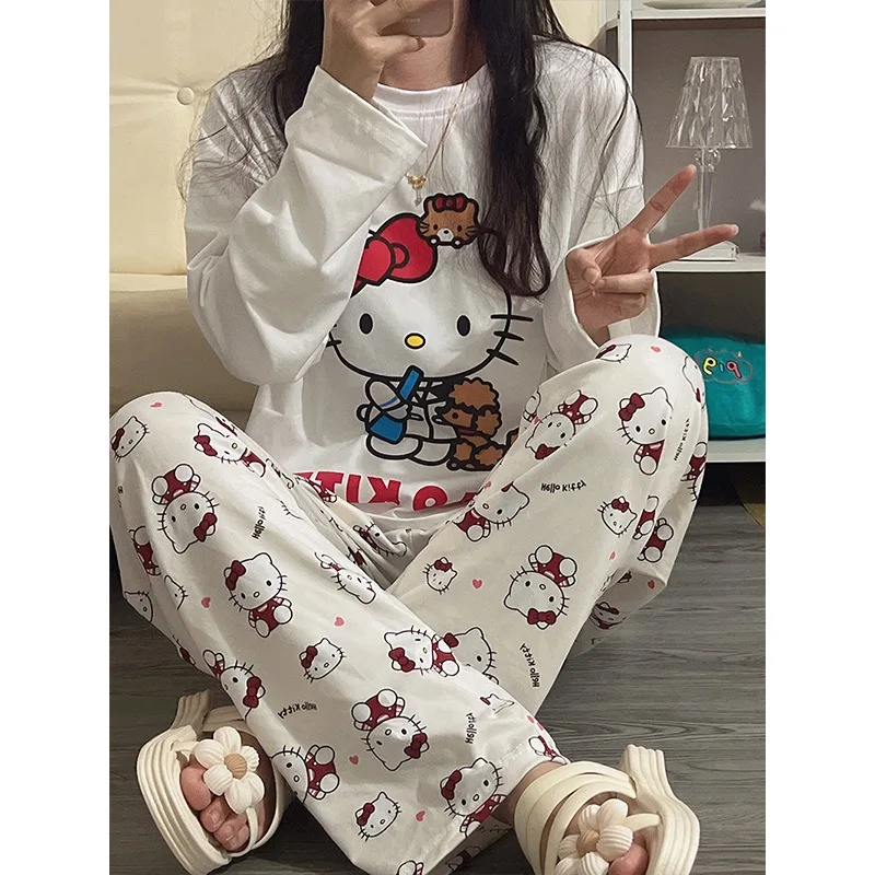 Spring Autumn Women Hello Kitty Pajamas Y2k Tops Tees Pants Set Kawaii Long Sleeve T-shirts Long Pants Home Wear Nightgown