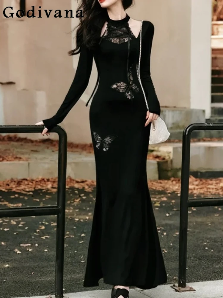 

Autumn Winter Banquet Elegant High Waist Lace Splicing Retro Sexy Dress Black Versatile Temperament Girls Long-sleeved Dresses