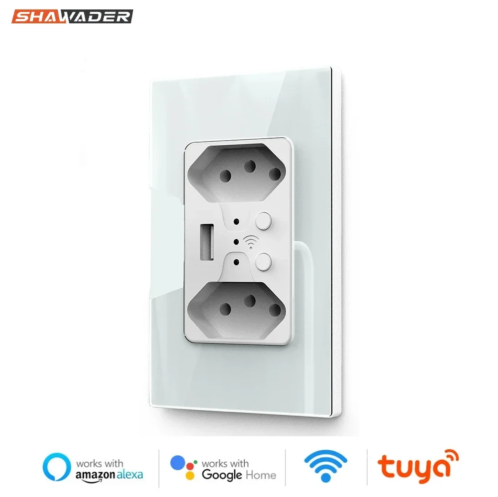 Shawader WiFi Smart Wall Socket USB Electric Brazil Plug 13A Dual Outlets Plastic/Glass Panel Remote Tuya Alexa Google Home