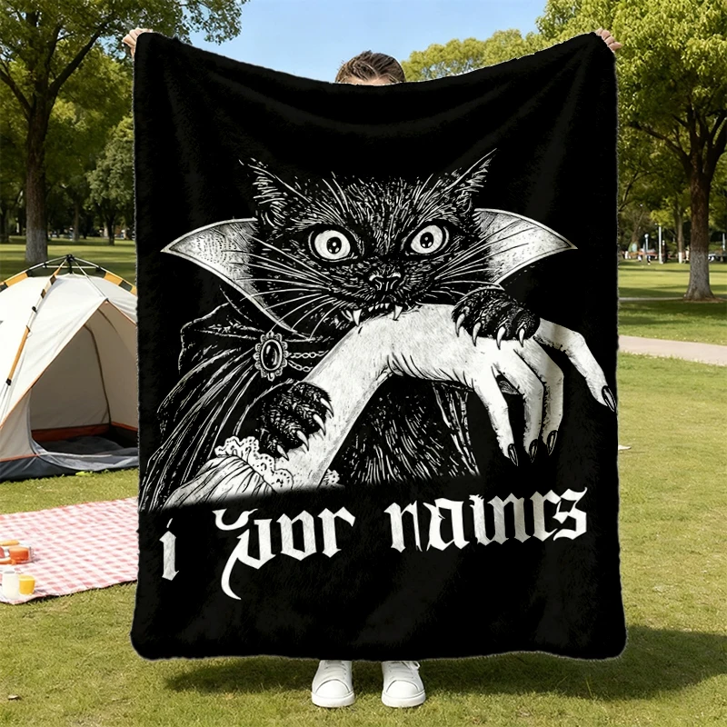 Retro Black Cat Halloween Soft Blanket: I Have Rabies Vampire Cat Comfy Blanket, Funny Black Cat Flannel Blanket, Spooky