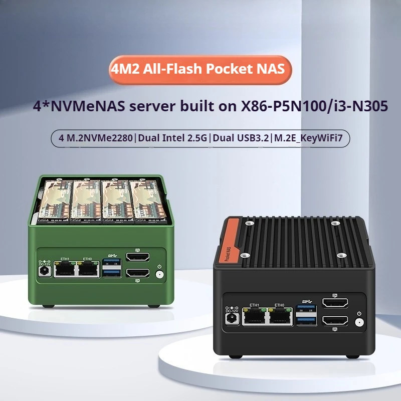 N100/N150/N305/N355 2.5G DDR5 4xM.2 Mini host NAS con flash completo de bolsillo