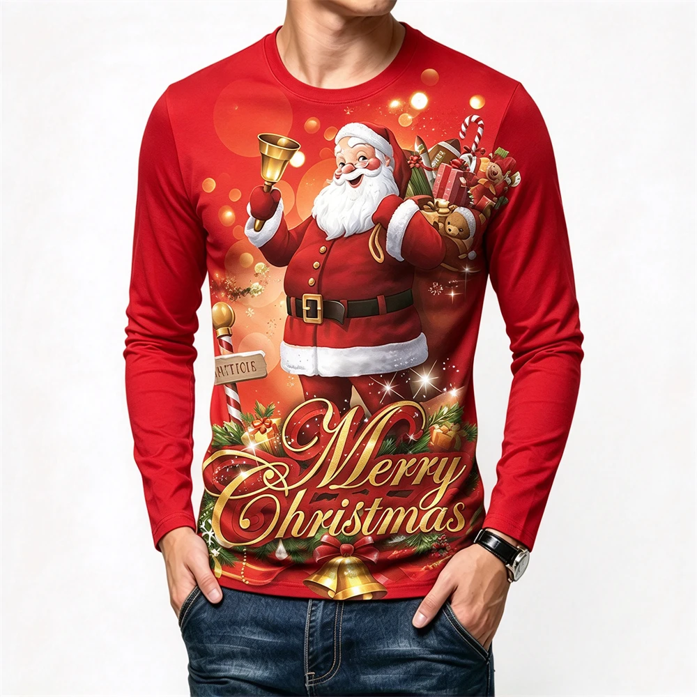 Funny Santa Claus Print Men's Long Sleeve T-shirt Autumn Casual O-neck Loose Cotton Top Fashion New Year Christmas Gift Clothing