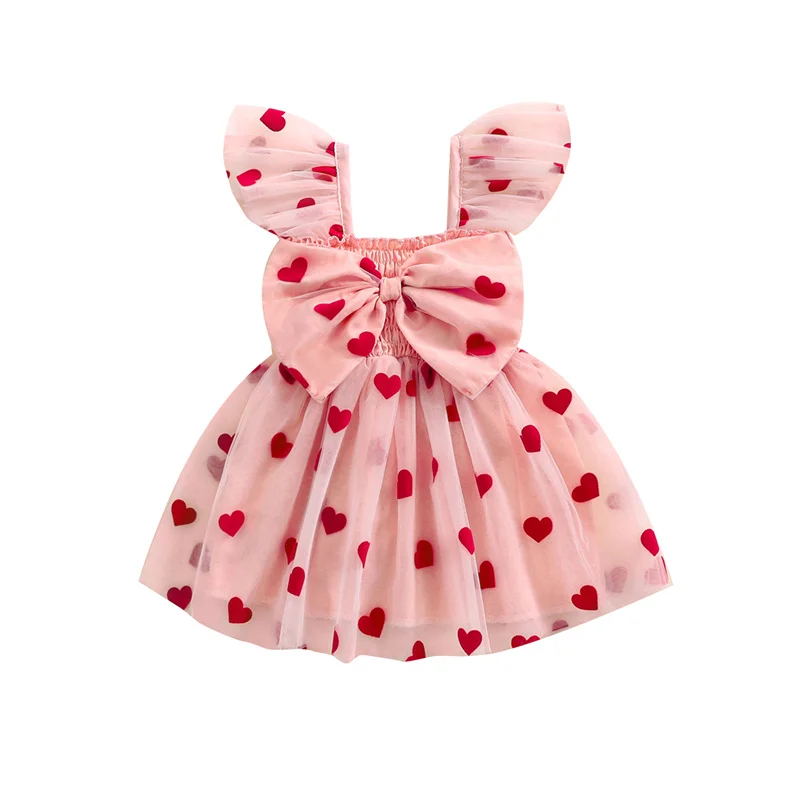 Cathery Toddler Baby Girls Tulle Tutu Dress Heart Print Back 3D Bow Patchwork Ruffles Strap A-Line Spring Valentine's Day Dress