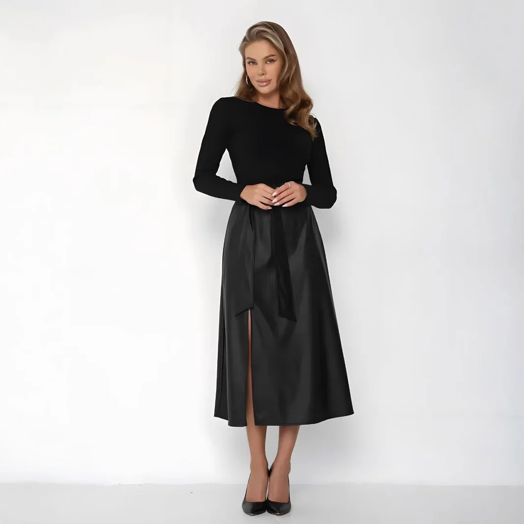 

Весенне-осенняя женская длинная юбка для поездок на работу, модная однотонная юбка с круглым вырезом и длинными рукавами, облегающая искусственная кожа, сращенная ​ ​ Платье А-силуэта