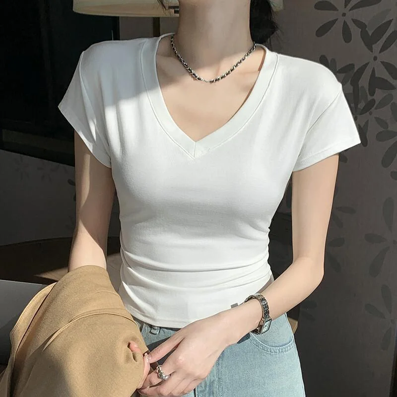

Summer New Slim Fit Shoulder V-Neck Short Sleeved T-Shirt for Women Fashionable Waist Cinching Slim Fit Top Made of Cotton