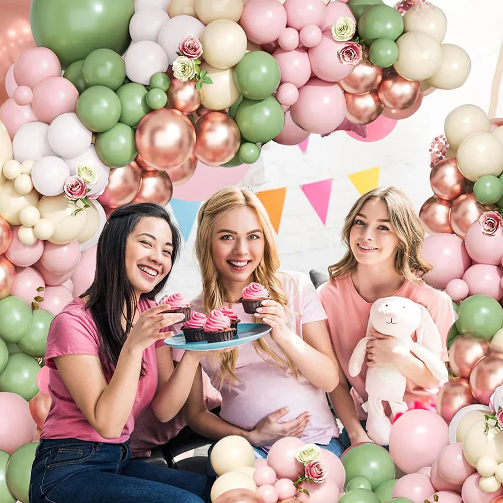 Gray Green Pink Balloon Garland Arch Set, Blush Pink Rose Gold Latex Balloon Olive Green and White Sand Balloon Suitable for Bohemian Birthday Baby