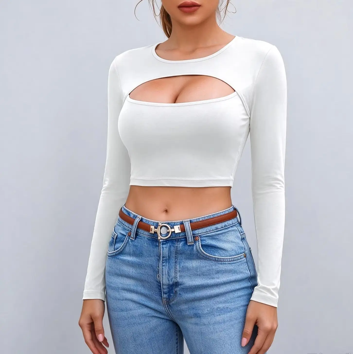 Women Cutout Long Sleeve Crop Top, Solid Round Neck Slim Fit Stretch Knit T-Shirt, Y2K Hollow Out Chest Front Casual Party Stree
