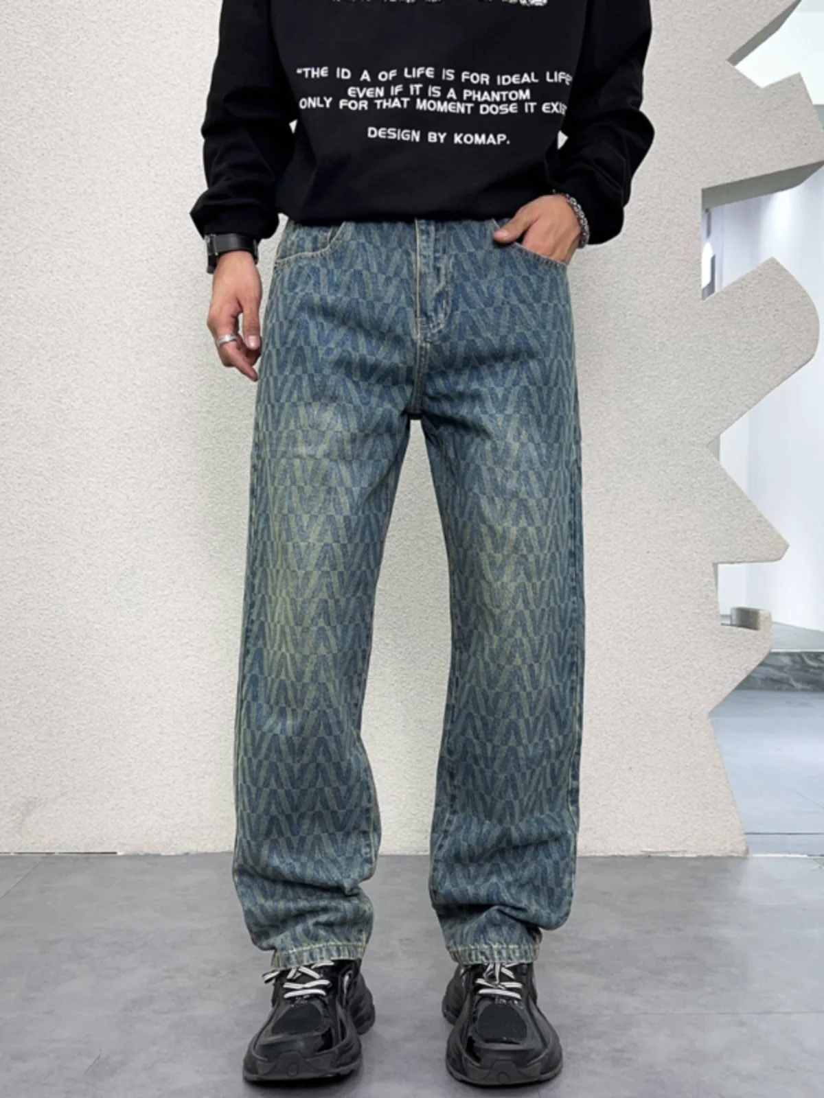 

High-End Men's Floral Print Denim Jeans Loose Straight Casual Long Trousers Trendy Brand Autumn New American High Street