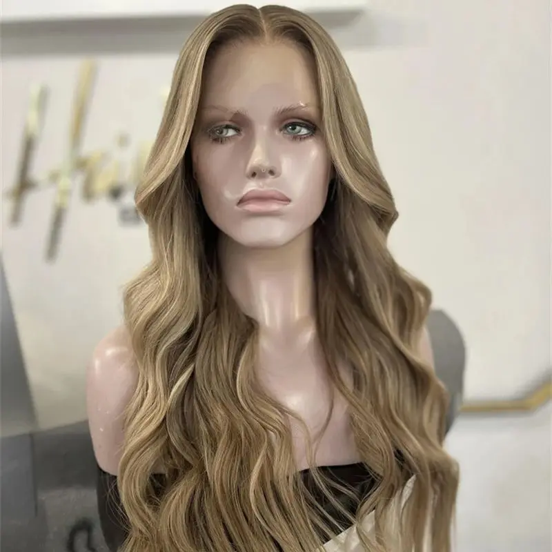 

Middle Part 13x4 Ombre Caramel Blonde Highlights Synthetic HD Lace Front Wig Natural Preplucked Hairline Soft Long Body Wave Wig
