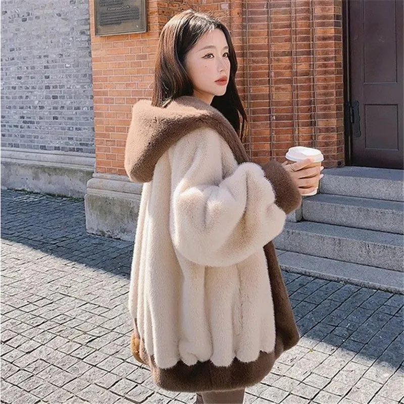 2023 Winter Fur Coat Women Leopard Print Mink Fur Plush Jacket Women Long Hooded Korean Loose Thick Warm Female Parker Jacket
