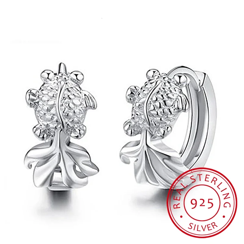 

100% Real Genuine 925 Sterling Earrings Solid 925 Silver Gold Fish Earrings Brincos New Women Wedding Party Jewelry Girls Gifts