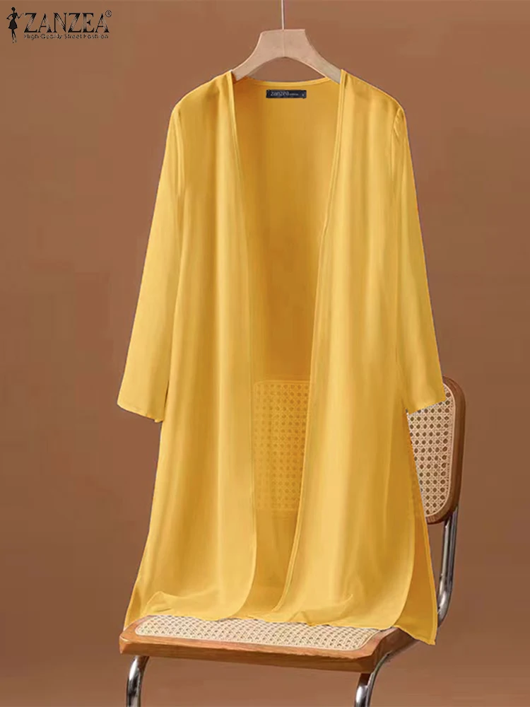 

ZANZEA Fashion Solid Color Tunics Women Chiffon Kimono Cardigan Holiday 3/4 Sleeve Long Tops 2024 Summer Casual Loose Blouse