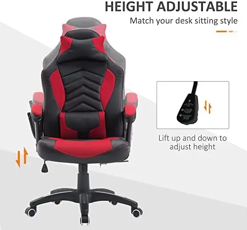 6 Vibrating Point Massage Computer Gaming Chair 5 Modes, Racing Style Heated Desk Chair Swivel Rolling Chair with Headrest, Red/