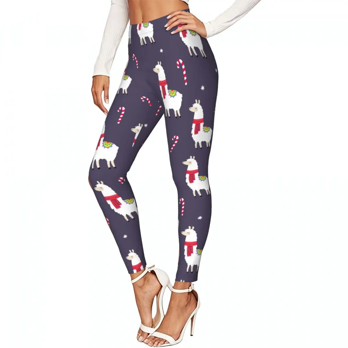 Cute Merry Christmas Llama Women Leggings High Waisted Stretch Tights Workout Running Pants