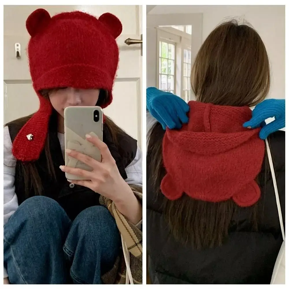 

Kawaii Cartoon Bear Ears Beanie Hat Solid Color Windproof Warm Knit Cap Thick Warm Soft Winter Knitted Hat