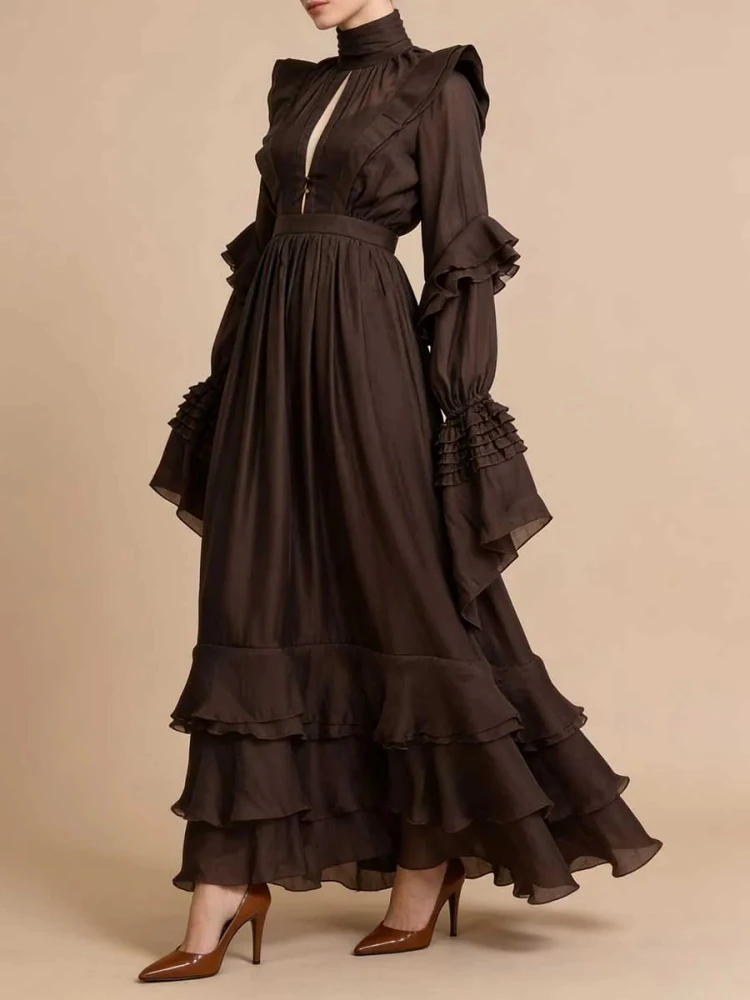 섹시한 하이 칼라 긴 소매 계단식 러플 컷아웃 롱 드레스 벨트 포함 여성용 브라운 나비 소매 A라인 드레스 이브닝 드레스