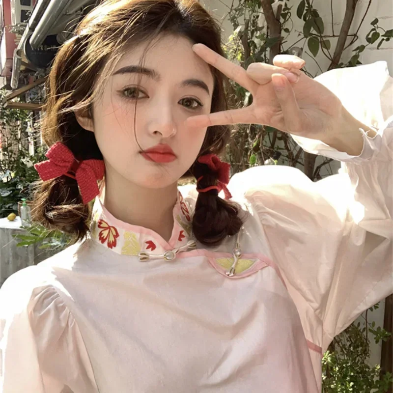 Elegant White Shirt Hanfu Horse Face Skirt Blouse Women Sweet Stand Collar Heavy Industry Embroidery Puff Sleeve Tang Suit Top