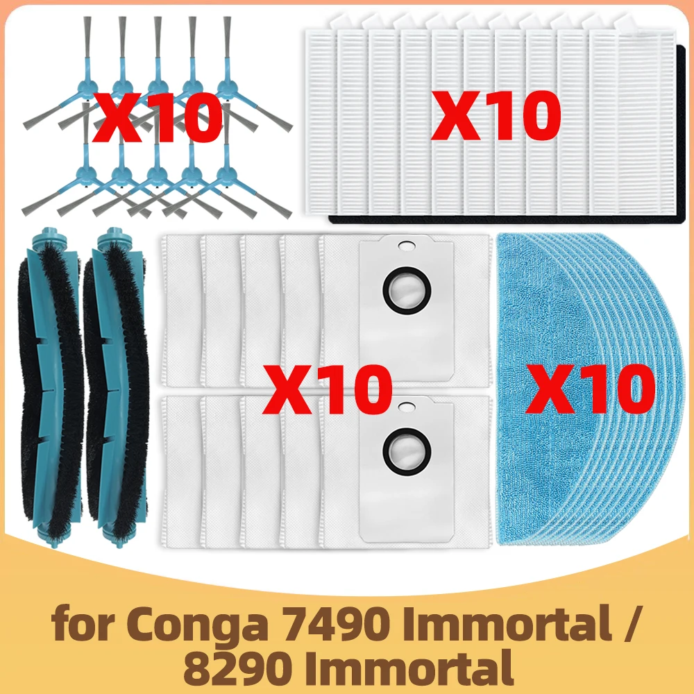 Compatible For for Conga 7490 Immortal  / 8290 Immortal / Kabum Smart 900 parts, Main Side Brush Mop Hepa Filter dust bag