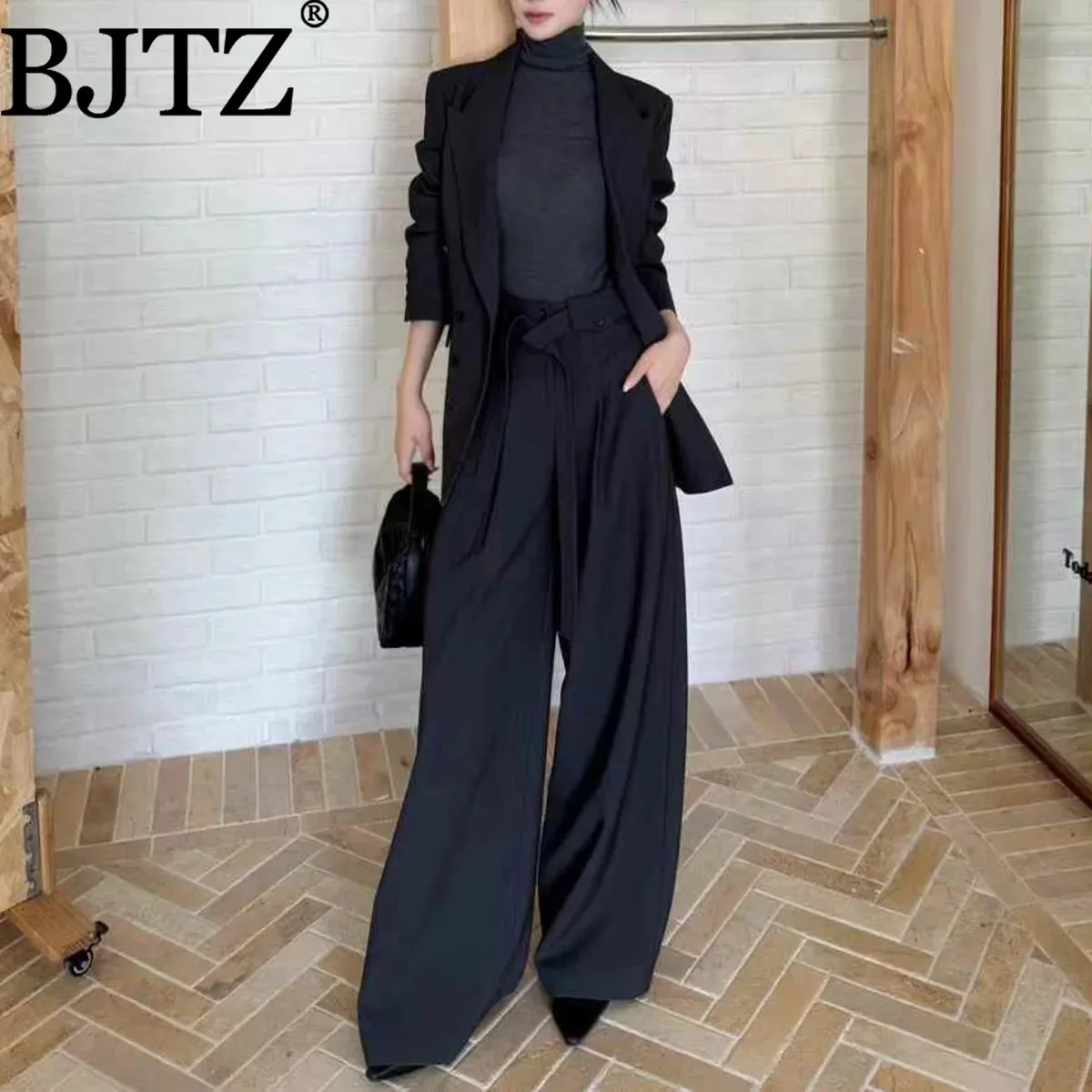 

BJTZ Fashion Office Lady Blazer Jacket Woman's High Waist Wide Leg Straight Pant Temperament Trendy Female Clothes