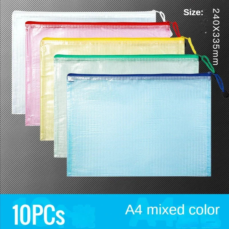 10pcs Transparent Grid File Bag A4/A5/A6 Zipper Waterproof Data Bag for Student Files Test Papers Home Office Materials Storage