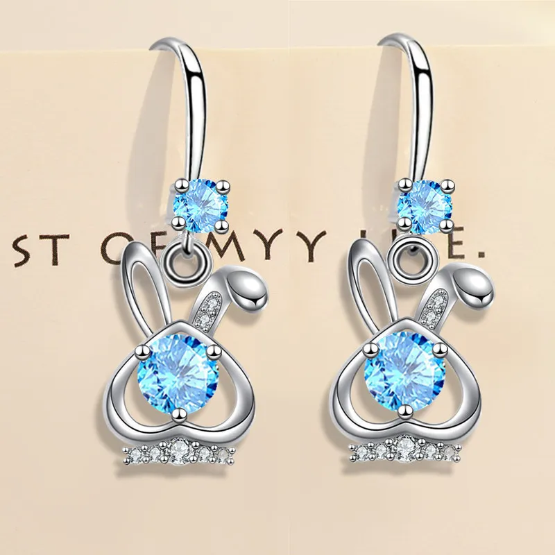 KOFSAC 2023 Crystal Zircon Rabbit Drop Earrings For Women Exquisite 925 Silver Heart Earring Cute Girl Zodiac Year Jewelry