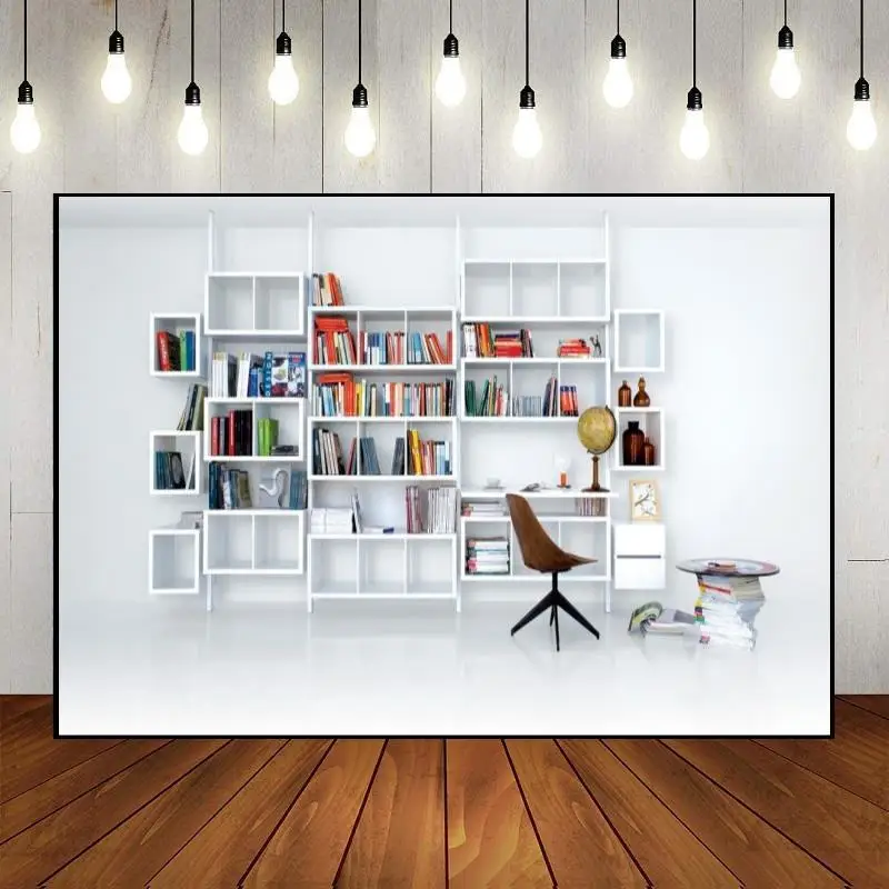 Bookshelf Background Photo White Custom Birthday Backdrop Photography Backdrops Decoration Bookcase Office Cozy Party Simple