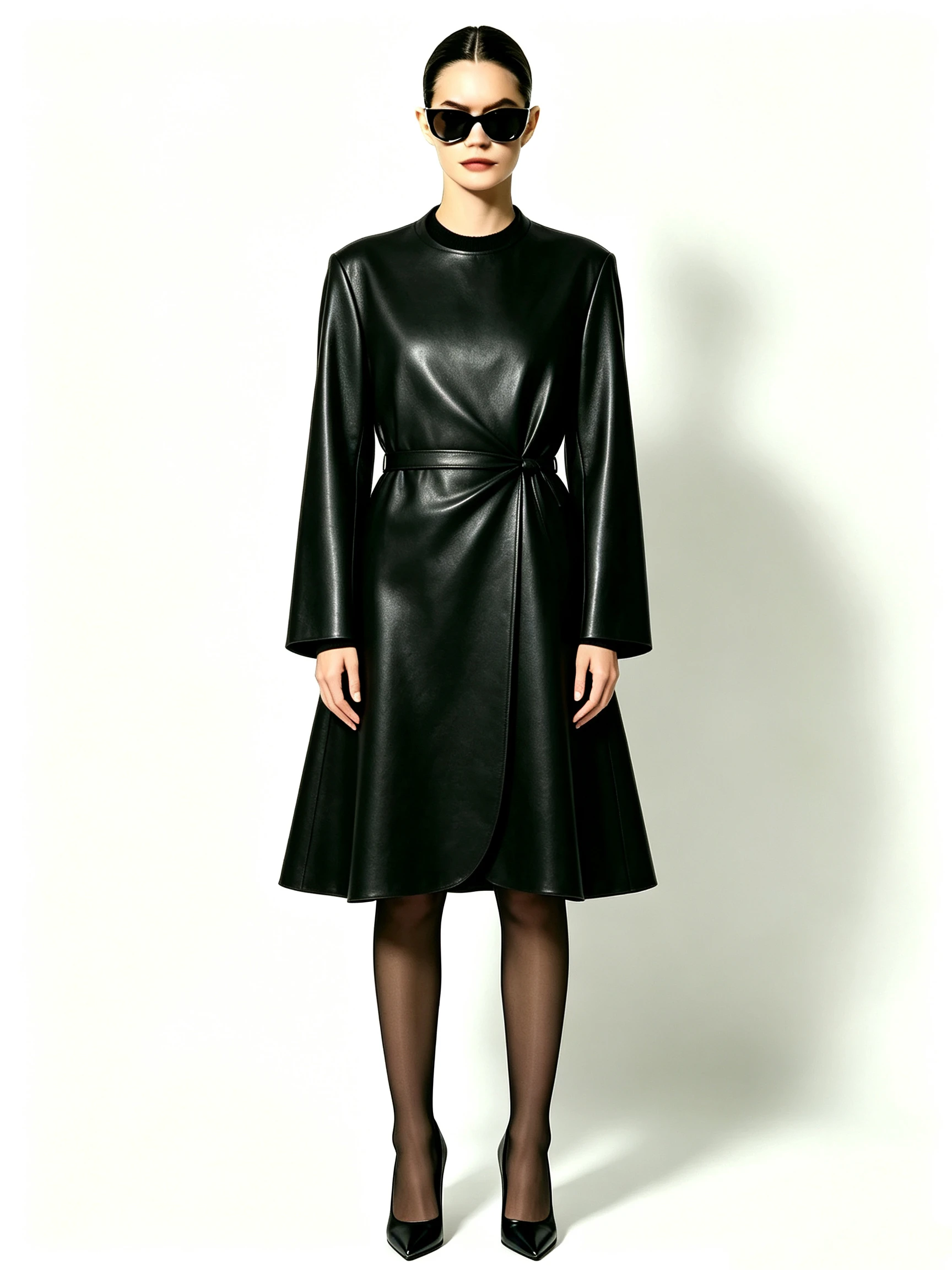 Women's Faux Leather Trench Coat with Cinched Waist and Flared A-Line Hem