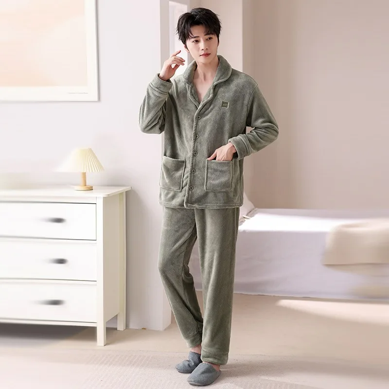 2025-pigiama-da-uomo-per-il-sonno-autunno-e-inverno-nuova-flanella-abbigliamento-per-la-casa-cardigan-set-capispalla-in-peluche-risvolto-pigiama-allentato-semplice-casual