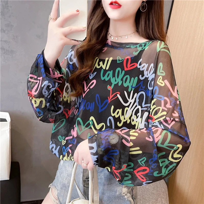 DAYIFUN-Women's Oversized T Shirts Transparent Mesh Tops Graffiti Long Sleeve Sheer Ladies Loose Sexy Tees Female Clothing Summe